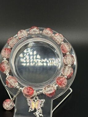 Pink Crackle Glass Beaded Bracelet with Butterfly Charm
